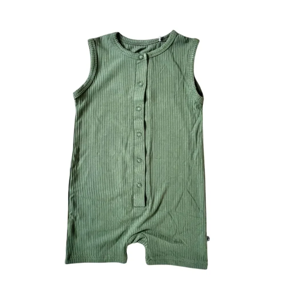 Little‎ Bum Bums Bamboo Ivy Green Ribbed Shortall Romper 18-24 NWT Boho Chic